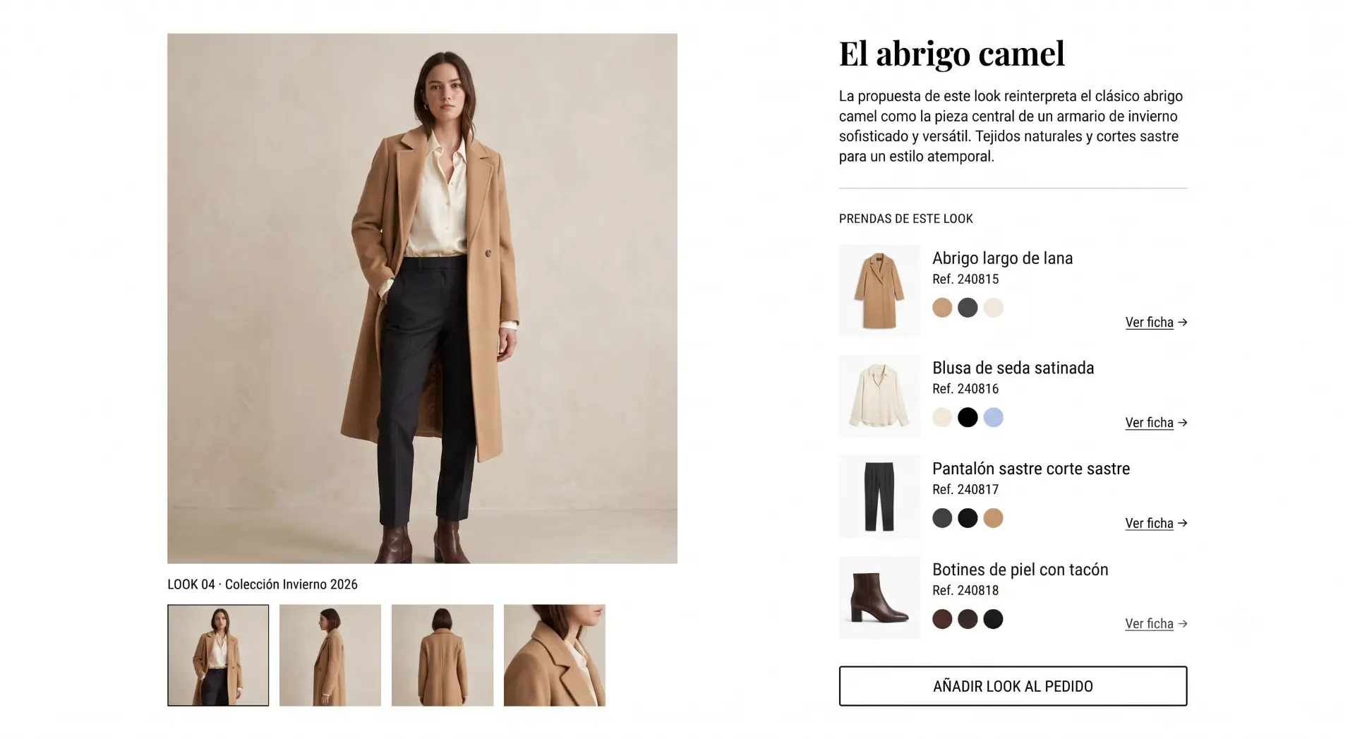 Ficha de look en el portal B2B con prendas, referencias y variantes de color