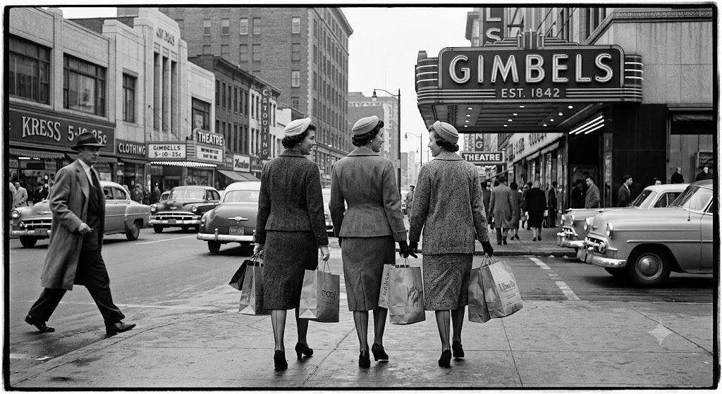 Compradoras en una calle comercial en los años cincuenta, frente a los grandes almacenes Gimbels