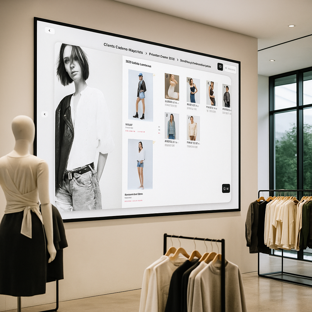 Showroom digital proyectado en una gran pantalla junto a percheros y maniquíes