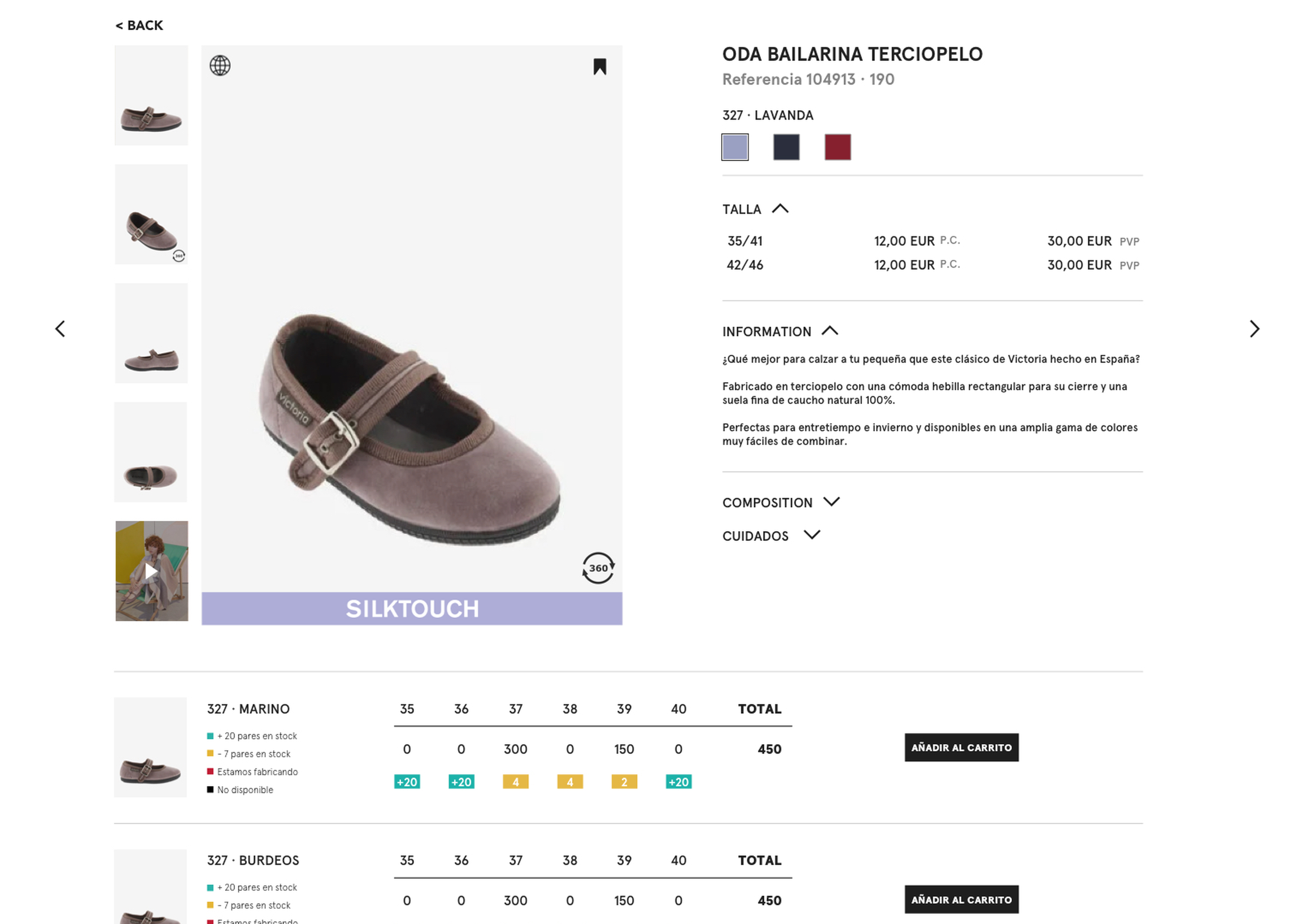 Ficha de producto del portal B2B con tallas, precios y stock por color