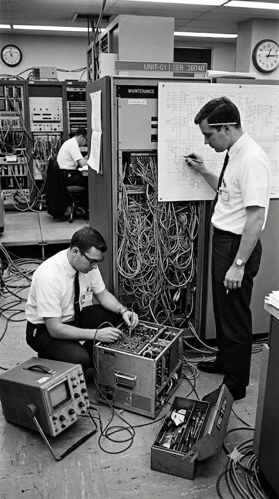 Dos ingenieros revisando el cableado y los esquemas de un ordenador central en los años sesenta